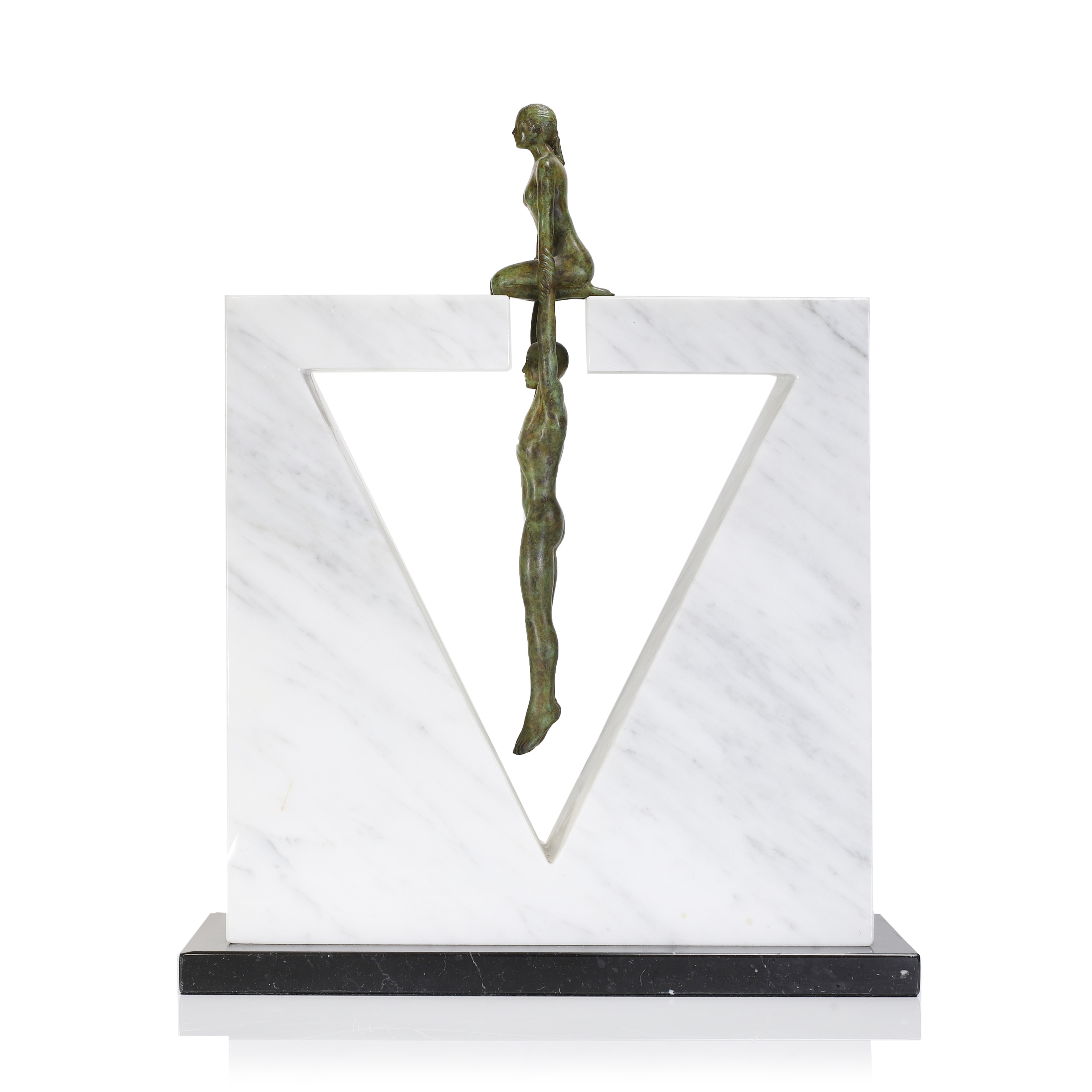Lorenzo Quinn (b.1966) Gravity Female, 2016 bronze and marble, on a plinth, limited edition 60/99, 34cm wide 12cm deep 41.5cm high, with original box and certificate (£2,000-3,000)